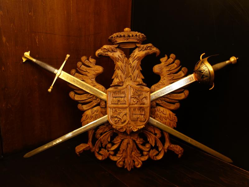 Spanish wood & sword eagle emblem wall ornament